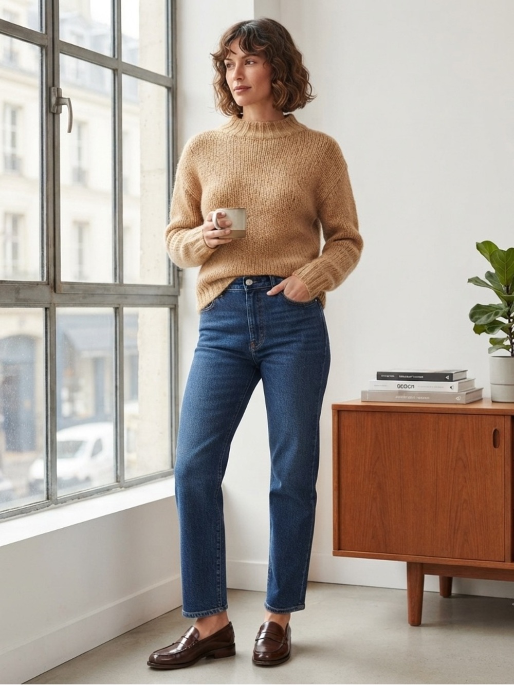 Mohair Wool Crewneck Sweater Loose Knit Large Camel Tan Neutral‎